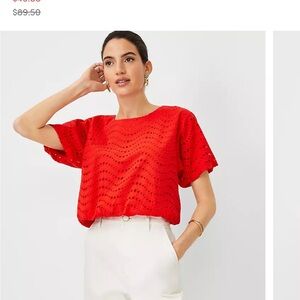 Ann Taylor Cotton Eyelet Gathered Top | Fiery Red | Size Large | NWT |